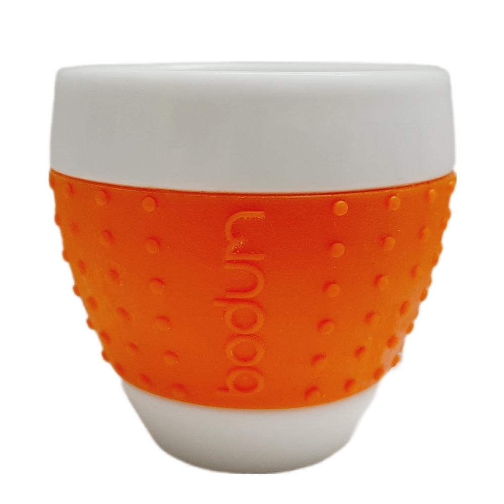 🍒 BODUM Pavina 3oz. White Porcelain Espresso Cup Mug w/ Orange Silicone Sleeve